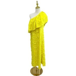 Abbey Glass Yellow Sutton Lace 3D Floral Ruffle One Shoulder Midi Cotton Dress